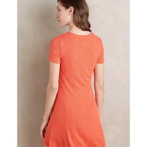 Anthropologie Dolan Ribbed Vneck Short Sleeve Fit And Flare Coral Dress - Picture 3 of 13